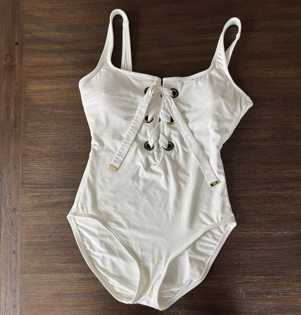 Michael Kors White Swimsuit Women’s XS Lace Up One Piece Golden Grommet Feminine